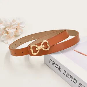Brown thin women belt with gold heart buckle, stylish waist accessory for trousers jeans shorts