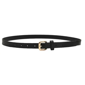Women's minimalist black leather belt with golden pin buckle, versatile daily fashion accessory.