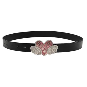 Trendy rhinestone heart wing leather belt for women, fashion Y2K style jeans dress accessory.