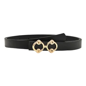 Black leather women belt with stylish gold double ring buckle elegant fashion accessory for jeans.