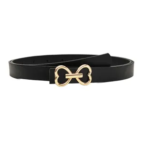 Elegant black leather belt for women featuring gold heart buckle stylish waist accessory