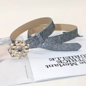 Fashion rhinestone women belt with sparkling crystal flower buckle for jeans party accessory