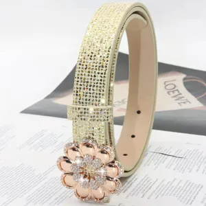 Rhinestone flower buckle belt detail, sparkling crystal studded design, fashion accessory close-up.