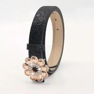 Stylish women's black glitter belt featuring a stunning rose gold rhinestone flower buckle for daily wear