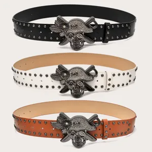 Women Punk Y2K Wide Waist Belt PU Leather Rhinestone Pirate Skull Rivet Rock Pants Belt Fashion Accessories