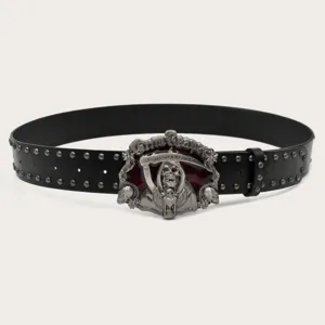 American retro punk style black leather belt with detailed skull grim reaper metal buckle