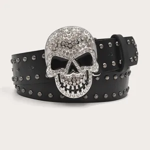Rhinestone skull leather belt punk hip hop trousers belt fashion black waist accessories
