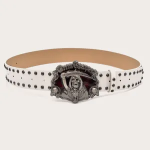 Vintage punk style white leather belt with detailed metal skull buckle and cool double row studs.