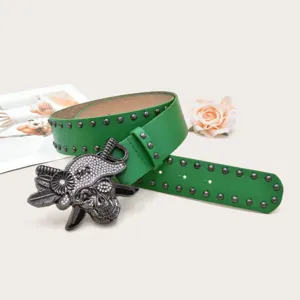 Green rhinestone skull studded belt Y2K rock punk leather waistband for women accessory