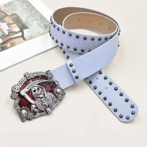 Punk style light blue leather belt with metal skull buckle and rivets for daily wear.