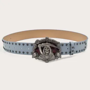 Punk style leather belt with metal skull buckle, vintage rivets gothic waist belt for men women