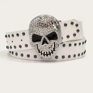 White leather belt featuring a dazzling rhinestone skull buckle and cool metal studs for style.