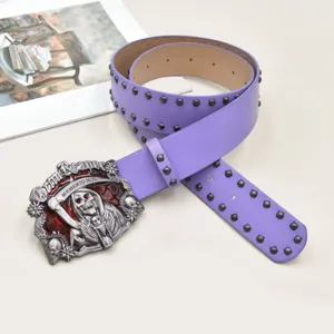 Punk purple leather belt with heavy metal skull buckle and cool double row rivet studs.