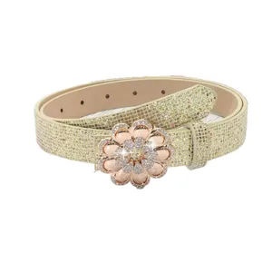 Women rhinestone flower belt fashion sparkling PU leather waist strap for jeans dress