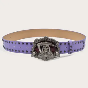 Punk style purple leather belt with metal skull buckle and cool rivet details for men and women