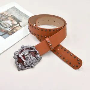 American vintage punk style brown leather belt with metal skull buckle and rivet decorations.