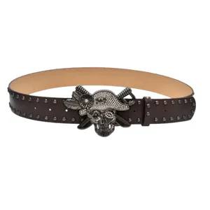 Y2K punk rhinestone pirate skull buckle wide belt studded dark brown leather waist belt