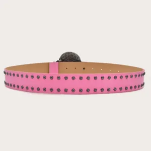 Pink studded belt featuring double row metal rivets and round buckle for women jeans.