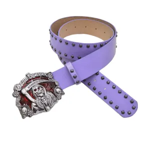 Purple punk gothic leather belt with metal skull grim reaper buckle and rock rivet studs.