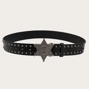 Detail shot of black leather punk belt featuring metal rivet studs and star sheriff buckle.