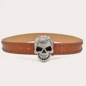 Rhinestone skull buckle studded brown leather belt for women men hip hop jeans accessory