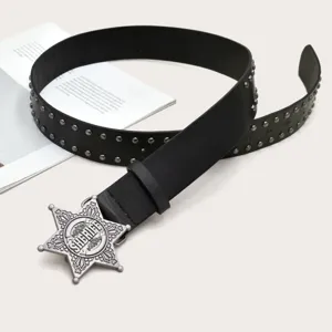 Details of Y2K punk retro black studded belt featuring a unique star sheriff metal buckle.