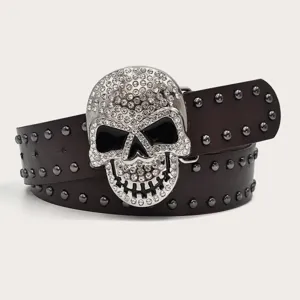 Rhinestone skull belt with metal studs, punk style hip-hop jeans leather belt for women men.