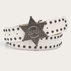 White punk style studded leather belt featuring a large metallic sheriff star buckle.