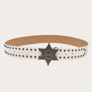 Y2K punk style white leather belt with metal star buckle and double row rivet details.