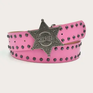 Y2K Retro Pink Studded Leather Belt Women Punk Style Star Buckle Jeans Waist Belt