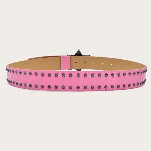 Pink Y2K punk style leather belt with double row metal studs and trendy star buckle detail.