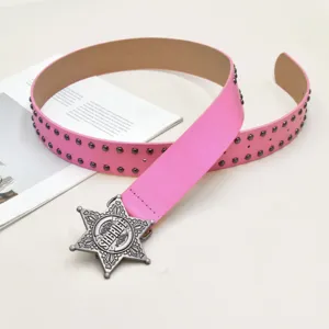 Pink punk rivet leather belt detail shot featuring a cool star sheriff buckle for daily wear.