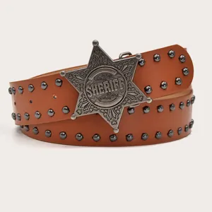 Western retro style brown leather belt with metal studs and star buckle for women daily wear.