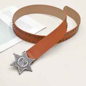 Vintage brown leather belt with metal studs and star sheriff badge buckle for women stylish