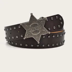 Y2K vintage punk rivet belt with star buckle, dark brown leather belt for stylish women jeans.