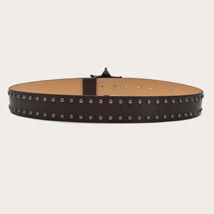 Y2K punk style brown leather belt featuring double-row metal studs and a unique star buckle detail for women.