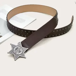Y2K retro punk style women belt with metal studs and star buckle for casual jeans wear.