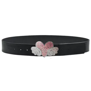 Cintura strass cuore ali Y2K accessorio vita pelle nera per jeans abiti stile alla moda