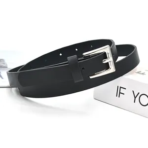 Womens black leather belt with silver pin buckle simple fashion daily dress accessory