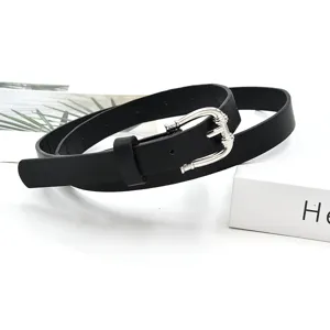 Women black PU leather belt with silver ornate buckle for casual jeans and dresses