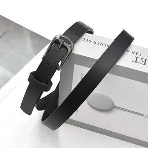 Elegant black thin PU leather belt for women, featuring a chic silver pin buckle for dresses.