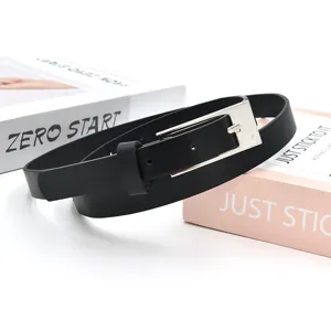 Detailed view of women's black PU leather belt with silver tone metal pin buckle for daily outfits.