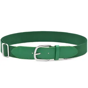 Green stretchable elastic belt with adjustable metal buckle for everyday casual wear.