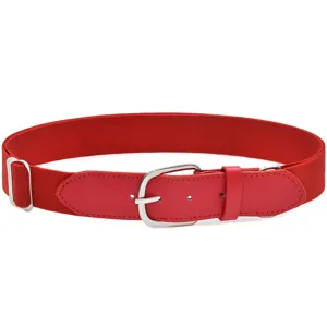 Red elastic belt detail shot, adjustable buckle and durable woven fabric material.