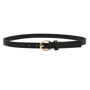 Minimalist black women thin belt with gold horseshoe buckle fashion casual dress jeans wear