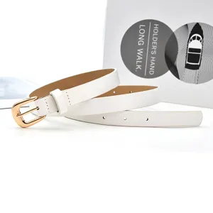 Women white slim belt with gold pin buckle, elegant casual waist accessory for dress and jeans.