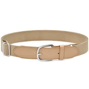 Close-up view of the adjustable elastic belt featuring metal buckle and faux leather ends.