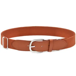 Detailed view of the brown elastic belt featuring leather buckle and silver hardware.