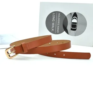 Women brown leather belt with gold pin buckle, simple stylish waist strap for dresses jeans.