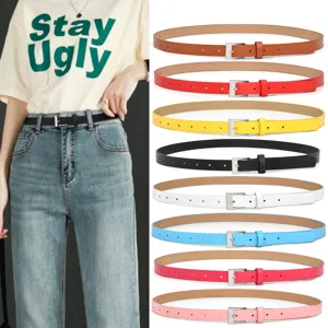 Women's Fashion Casual Simple Small Square Buckle PU Leather Belt Candy Color Versatile Dress Coat Thin Waist Belt
